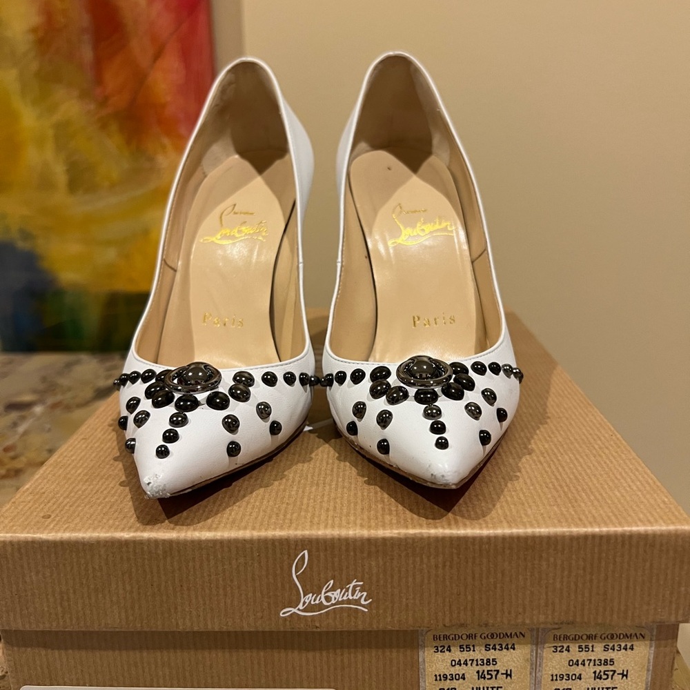 Christian Louboutin White and Black Embellished Heels